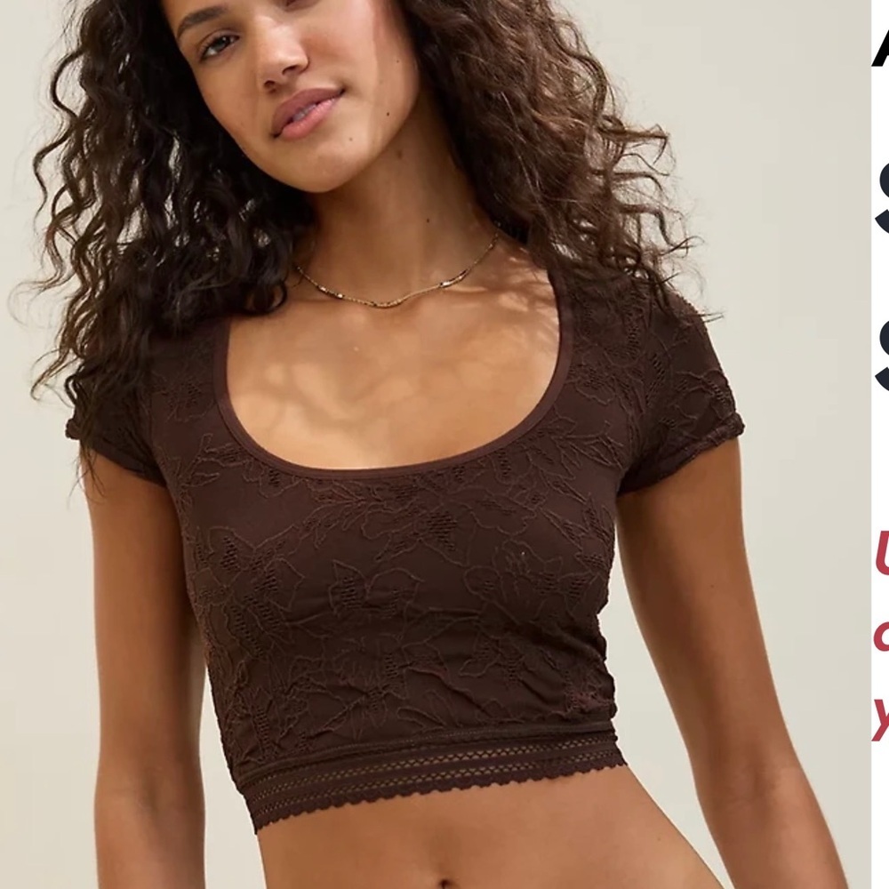 aerie Brown Lace Scoop Neck Crop Top M